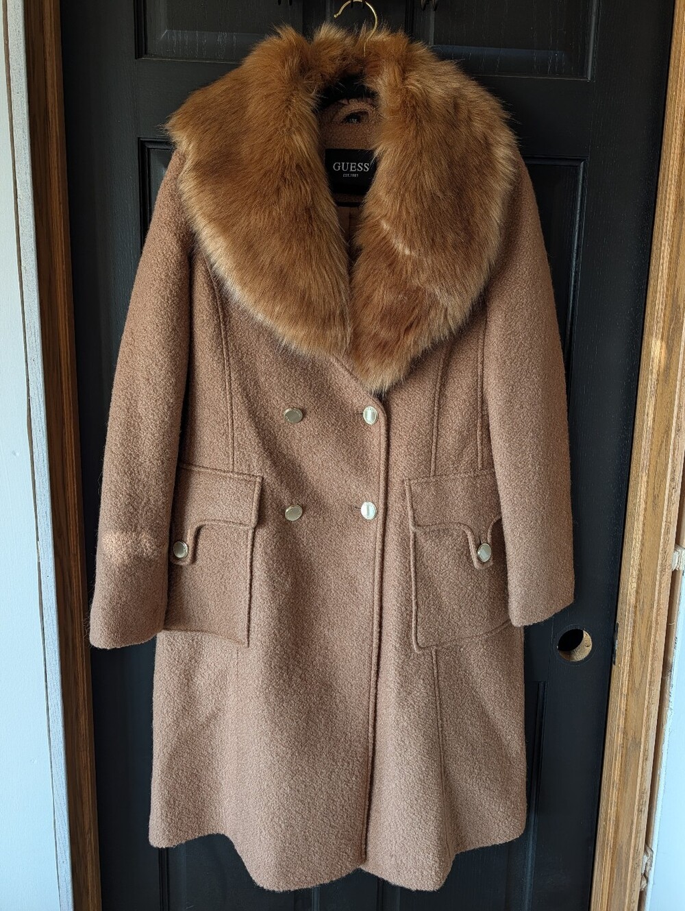 GUESS Women's Tan Fur-Trim Coat